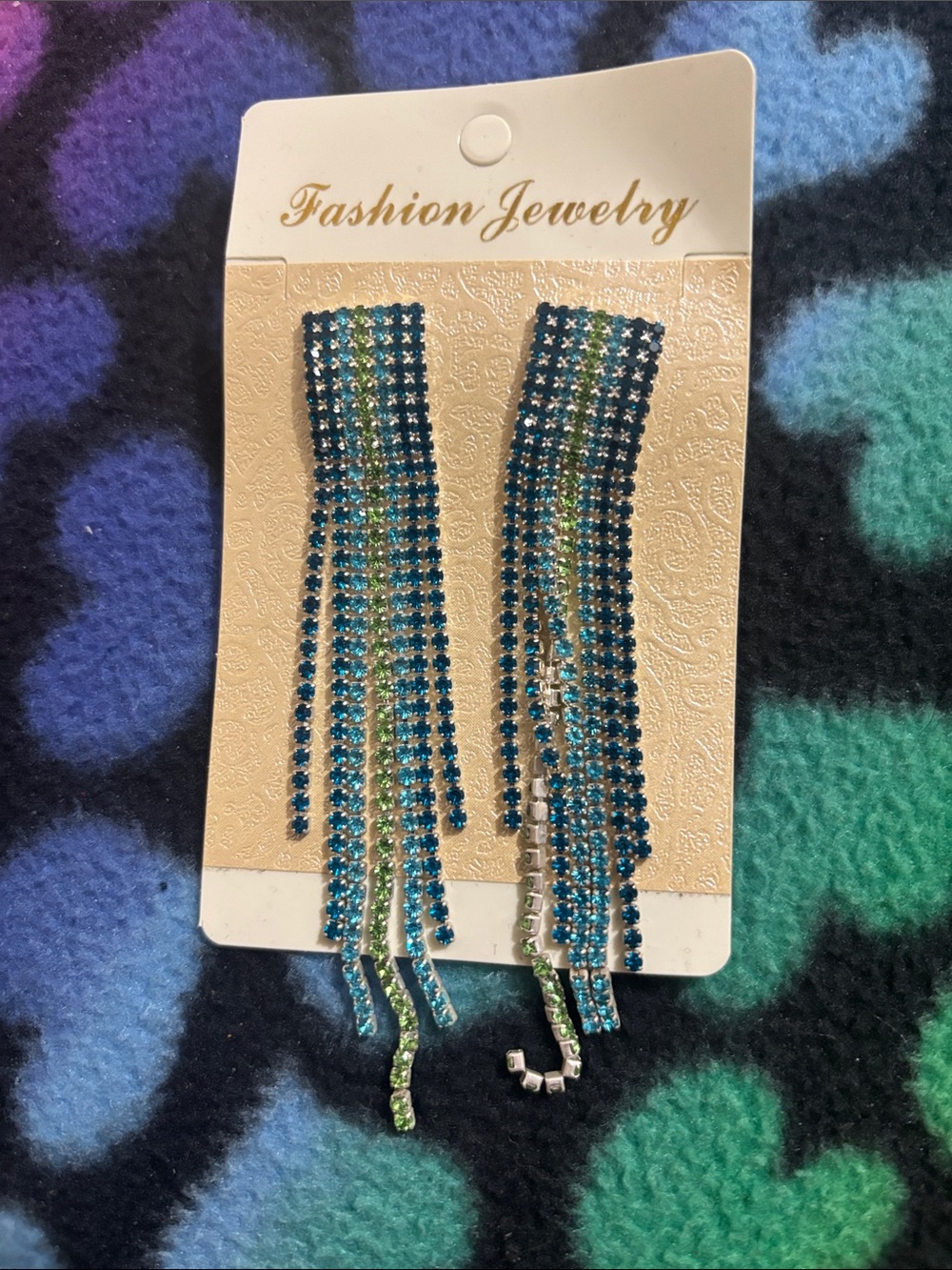 Fashion Jewelry Teal and Lime Crystal Fringe Drop Earrings